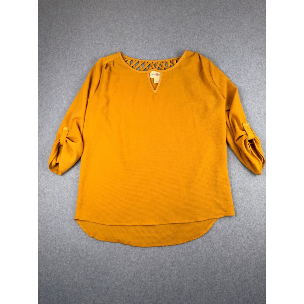Business Casual Mustard Yellow Lattice Neck Roll Tab Sleeve Blouse Small